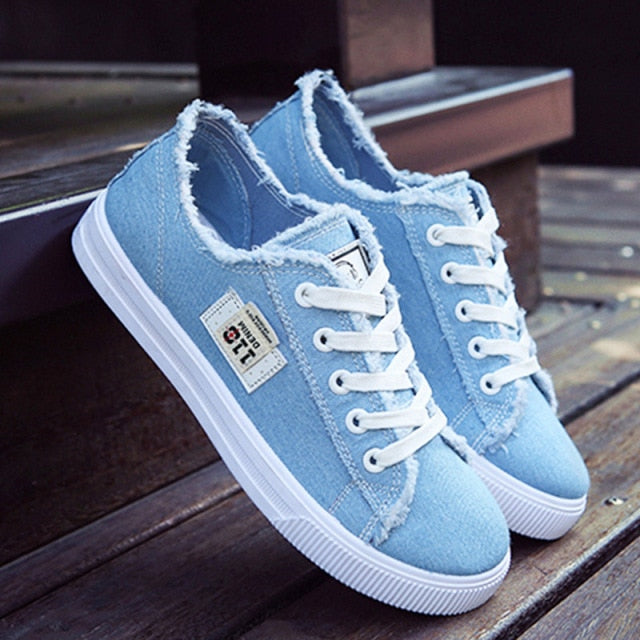 White Snakers Women Summer Canvas Shoes Women Denim Snakers Ladies Lace-Up Trainers Casual Women Flats Sneakers Basket Femme