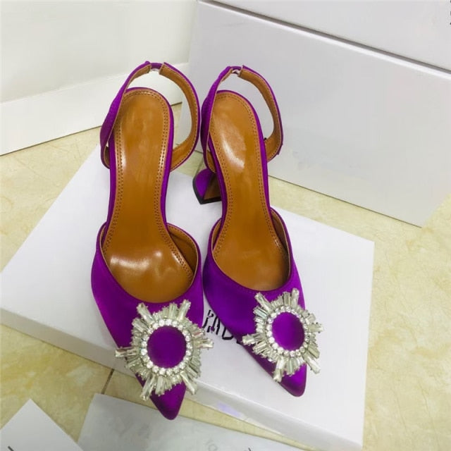 Spring 2021 new diamond buckle decoration satin pointed toe ladies high heels 9 cm heel height