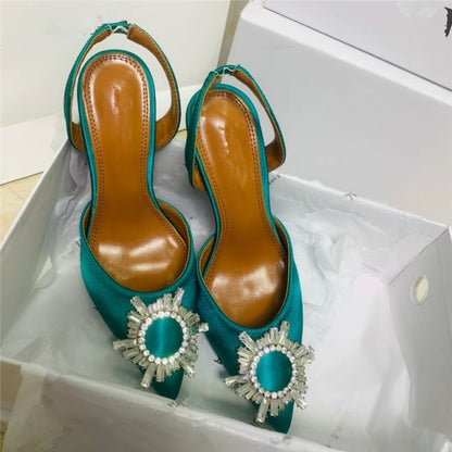 Spring 2021 new diamond buckle decoration satin pointed toe ladies high heels 9 cm heel height