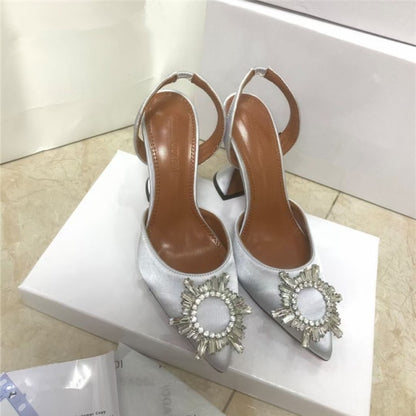 Spring 2021 new diamond buckle decoration satin pointed toe ladies high heels 9 cm heel height