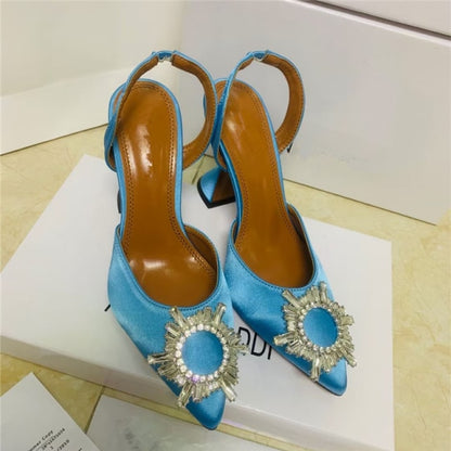 Spring 2021 new diamond buckle decoration satin pointed toe ladies high heels 9 cm heel height