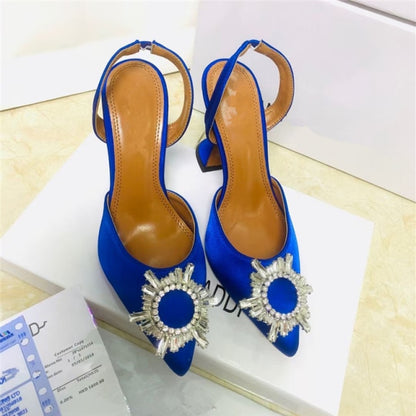 Spring 2021 new diamond buckle decoration satin pointed toe ladies high heels 9 cm heel height