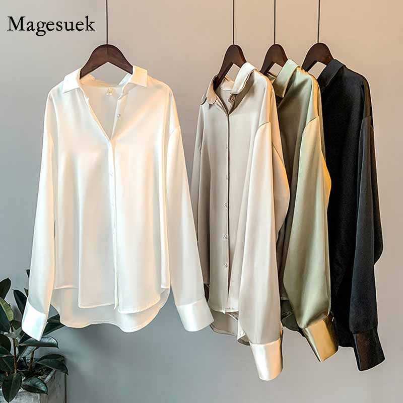 Silk Korean Office Ladies Elegant Shirt Blouse Women Fashion Button Up Satin Shirt Vintage White Long Sleeve Shirts Tops 11355