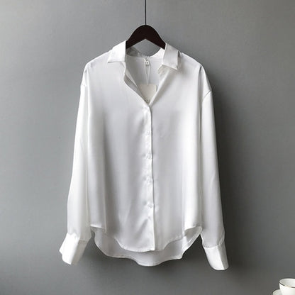 Silk Korean Office Ladies Elegant Shirt Blouse Women Fashion Button Up Satin Shirt Vintage White Long Sleeve Shirts Tops 11355