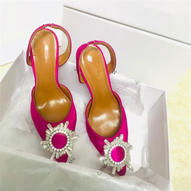 Spring 2021 new diamond buckle decoration satin pointed toe ladies high heels 9 cm heel height