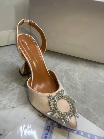 Spring 2021 new diamond buckle decoration satin pointed toe ladies high heels 9 cm heel height