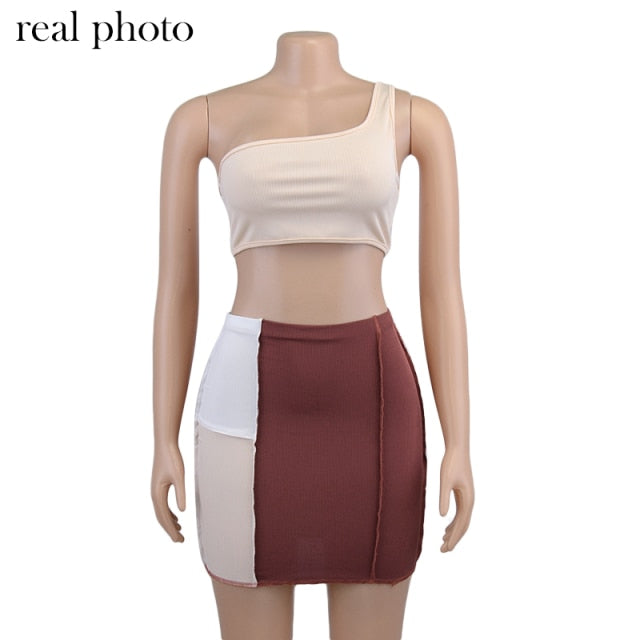 Simenual Ribbed Patchwork Two Piece Sets One Shoulder Tank Top And Skirts Women Skinny Vintage Streetwear Co-ord Outfits Club