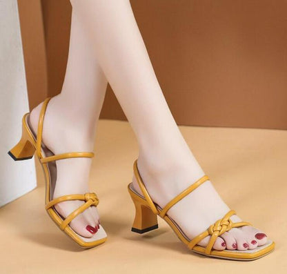 Weave Designer Women Slipper Ladies Thin High Heel Sandal 2021 New Summer Slip-On Open Toe Brown Outdoor Slides Flip Flop Shoe