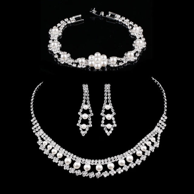 TREAZY Silver Color Rhinestone Crystal Bridal Jewelry Sets for Women Necklace Earrings Bracelet Set Wedding Jewelry Accessories