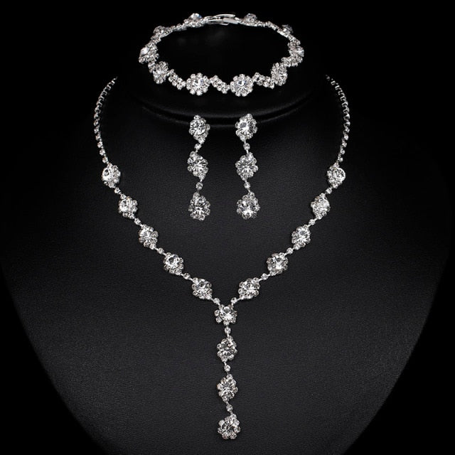 TREAZY Silver Color Rhinestone Crystal Bridal Jewelry Sets for Women Necklace Earrings Bracelet Set Wedding Jewelry Accessories