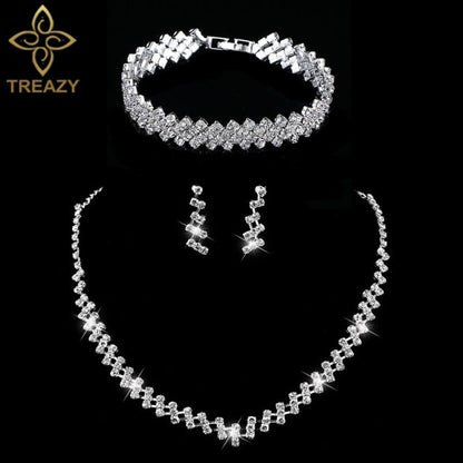 TREAZY Silver Color Rhinestone Crystal Bridal Jewelry Sets for Women Necklace Earrings Bracelet Set Wedding Jewelry Accessories