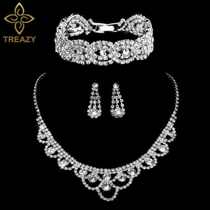 TREAZY Silver Color Rhinestone Crystal Bridal Jewelry Sets for Women Necklace Earrings Bracelet Set Wedding Jewelry Accessories