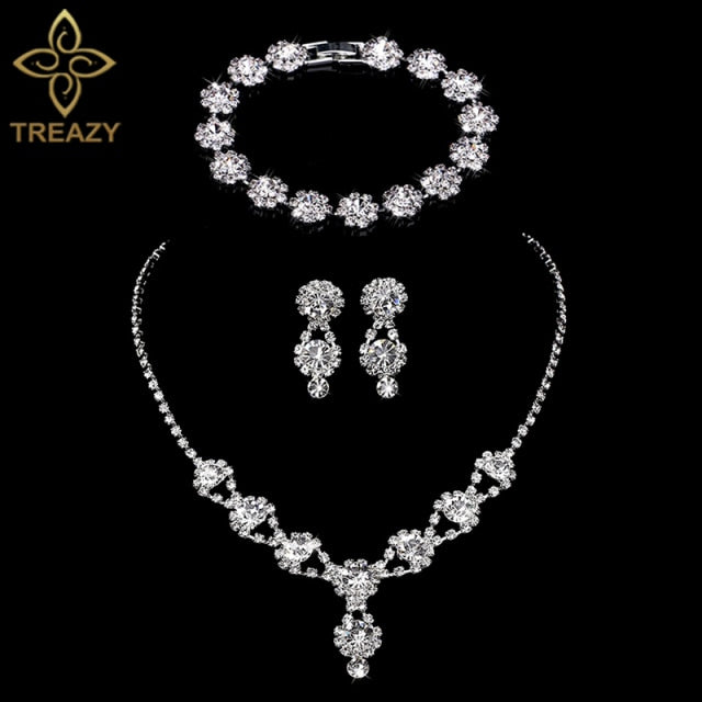 TREAZY Silver Color Rhinestone Crystal Bridal Jewelry Sets for Women Necklace Earrings Bracelet Set Wedding Jewelry Accessories