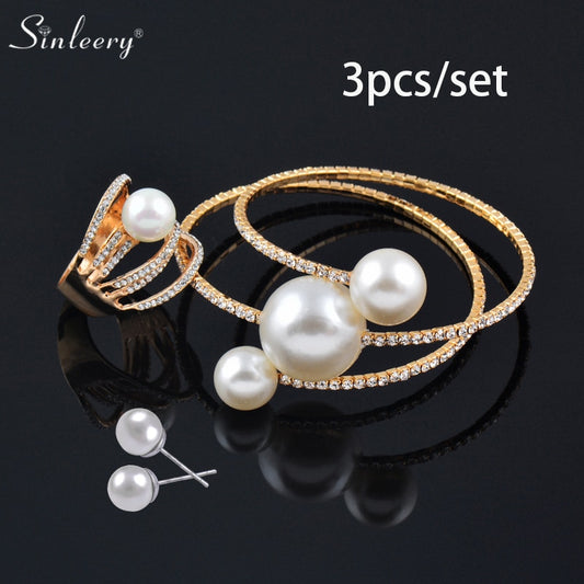 SINLEERY Wedding Jewelry Sets Big Pearl Multilayer Bracelet Bangle Rings Set For Women Gold Color TZ198 SSP