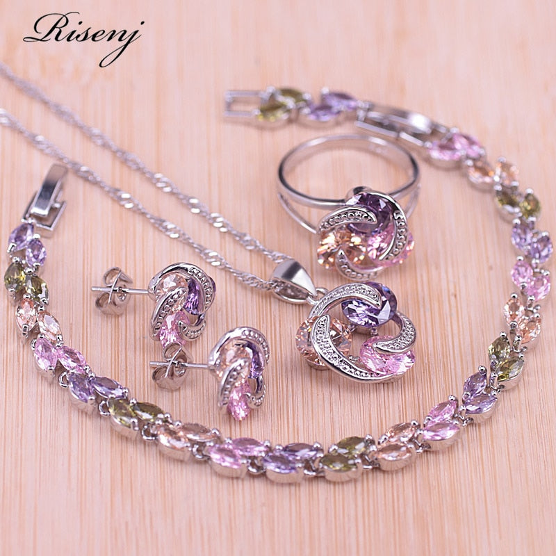 Risenj Big Discount Colorful Lucky Circle Silver Color Jewelry Set For Women Earrings Ring Necklace Drop Shipping T28