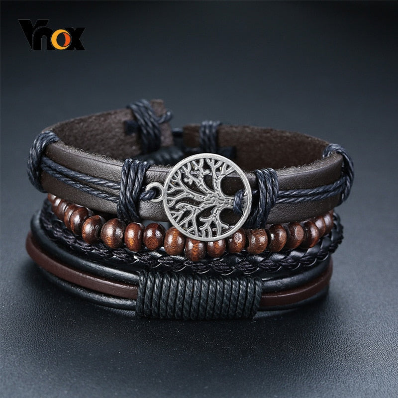 Vnox 3/4Pcs/ Set Braided Wrap Leather Bracelets for Men Vintage Life Tree Rudder Charm Wood Beads Ethnic Tribal Wristbands