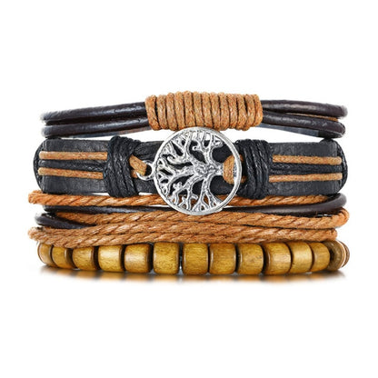 Vnox 3/4Pcs/ Set Braided Wrap Leather Bracelets for Men Vintage Life Tree Rudder Charm Wood Beads Ethnic Tribal Wristbands