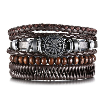 Vnox 3/4Pcs/ Set Braided Wrap Leather Bracelets for Men Vintage Life Tree Rudder Charm Wood Beads Ethnic Tribal Wristbands