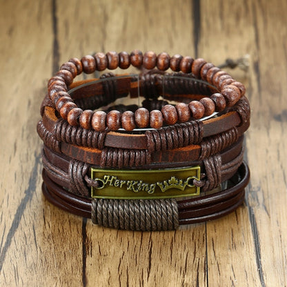 Vnox 3/4Pcs/ Set Braided Wrap Leather Bracelets for Men Vintage Life Tree Rudder Charm Wood Beads Ethnic Tribal Wristbands