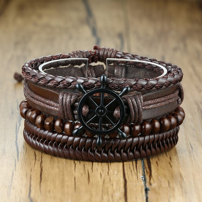 Vnox 3/4Pcs/ Set Braided Wrap Leather Bracelets for Men Vintage Life Tree Rudder Charm Wood Beads Ethnic Tribal Wristbands