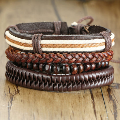 Vnox 3/4Pcs/ Set Braided Wrap Leather Bracelets for Men Vintage Life Tree Rudder Charm Wood Beads Ethnic Tribal Wristbands