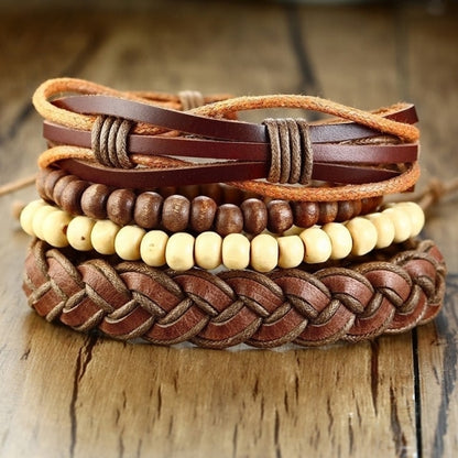 Vnox 3/4Pcs/ Set Braided Wrap Leather Bracelets for Men Vintage Life Tree Rudder Charm Wood Beads Ethnic Tribal Wristbands