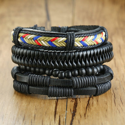 Vnox 3/4Pcs/ Set Braided Wrap Leather Bracelets for Men Vintage Life Tree Rudder Charm Wood Beads Ethnic Tribal Wristbands