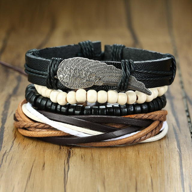 Vnox 3/4Pcs/ Set Braided Wrap Leather Bracelets for Men Vintage Life Tree Rudder Charm Wood Beads Ethnic Tribal Wristbands