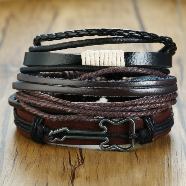 Vnox 3/4Pcs/ Set Braided Wrap Leather Bracelets for Men Vintage Life Tree Rudder Charm Wood Beads Ethnic Tribal Wristbands