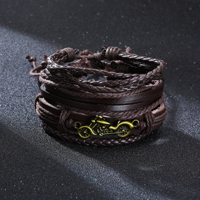 Vnox 3/4Pcs/ Set Braided Wrap Leather Bracelets for Men Vintage Life Tree Rudder Charm Wood Beads Ethnic Tribal Wristbands