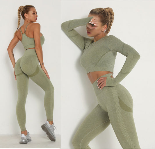 Women's Sets Skinny Tracksuit Breathable Bra Long Sleeve Top Seamless Outfits High Waist Push Up Leggings Gym Clothes Sport Suit