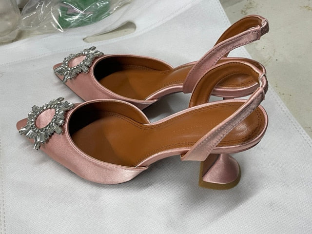 Spring 2021 new diamond buckle decoration satin pointed toe ladies high heels 9 cm heel height