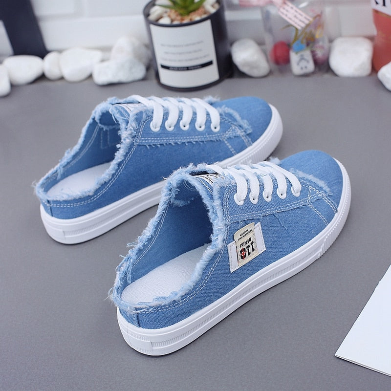 New White Snakers Women Summer Canvas Shoes Women Denim Snakers Ladies Lace-Up Trainers Casual Women Flats Sneakers Basket Femme