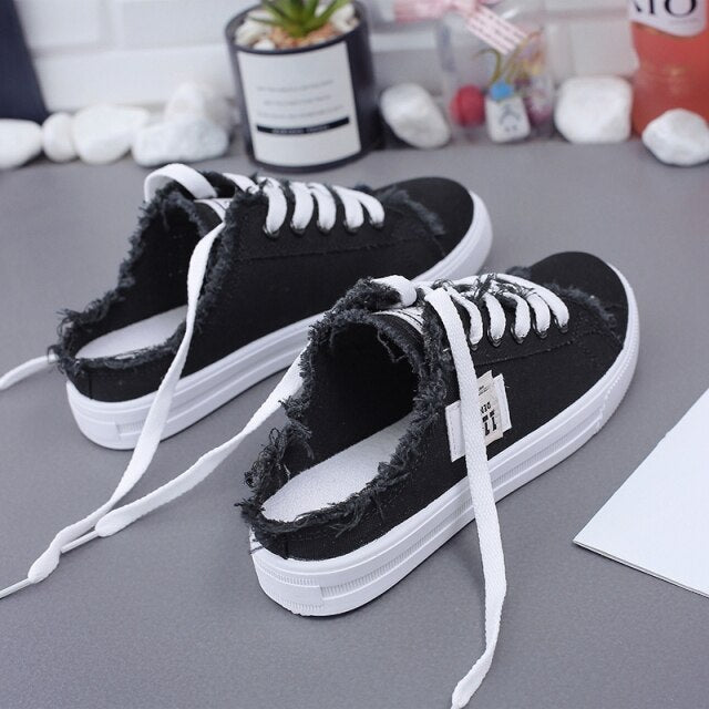 New White Snakers Women Summer Canvas Shoes Women Denim Snakers Ladies Lace-Up Trainers Casual Women Flats Sneakers Basket Femme