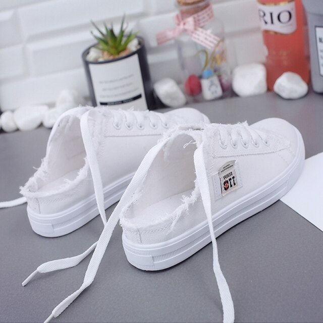 New White Snakers Women Summer Canvas Shoes Women Denim Snakers Ladies Lace-Up Trainers Casual Women Flats Sneakers Basket Femme