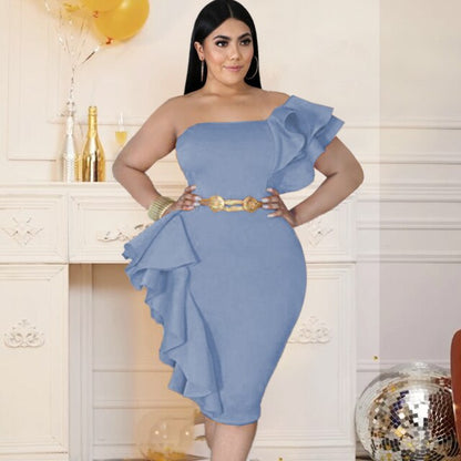 One Shouder Dress Plus Size Women Sexy Backless Bodycon Ruffles Evening Birthday Cocktial Event Curve Dresses 4XL 5XL for Ladies