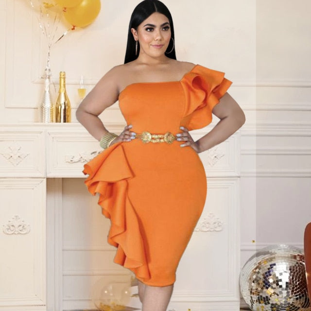 One Shouder Dress Plus Size Women Sexy Backless Bodycon Ruffles Evening Birthday Cocktial Event Curve Dresses 4XL 5XL for Ladies