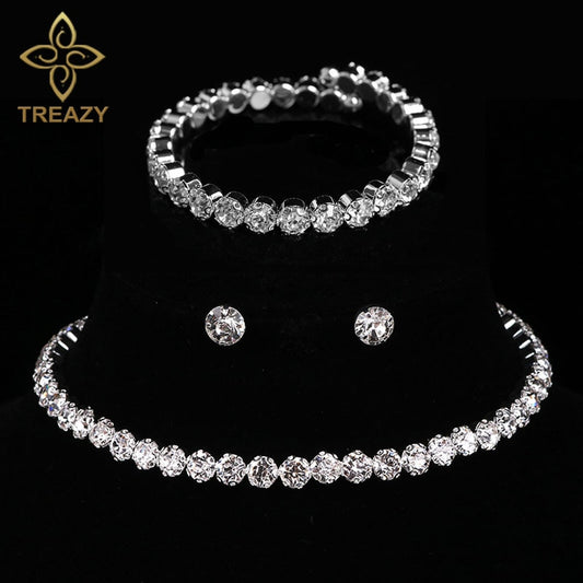 TREAZY Circle Crystal Bridal Jewelry Sets Silver Color African Beads Rhinestone Wedding Necklace Earrings Bracelet Set For Women