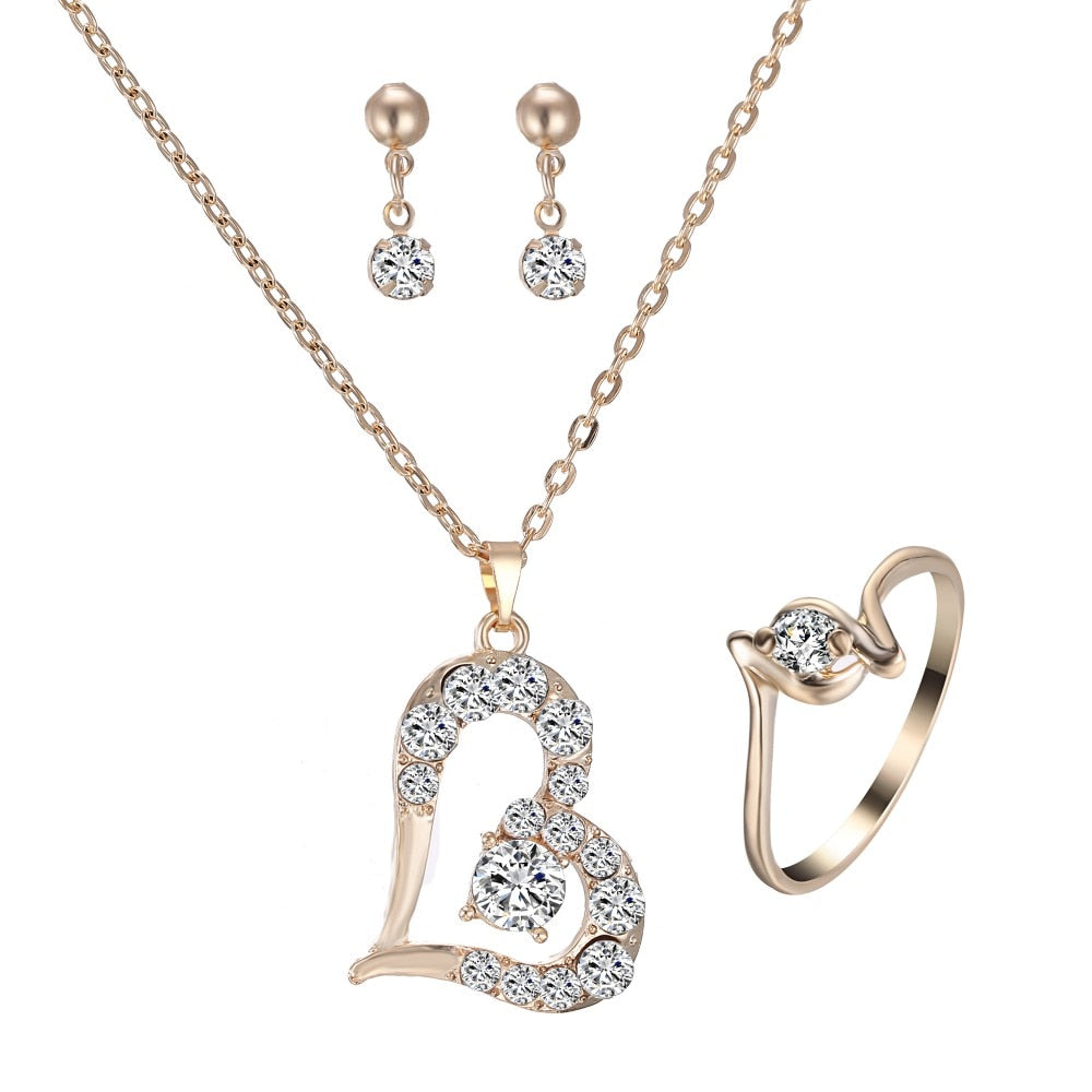 Romantic Charm Love Heart Jewelry set gold Pendant Necklace For Women Girl Wedding Party Engagement Jewelry Gift